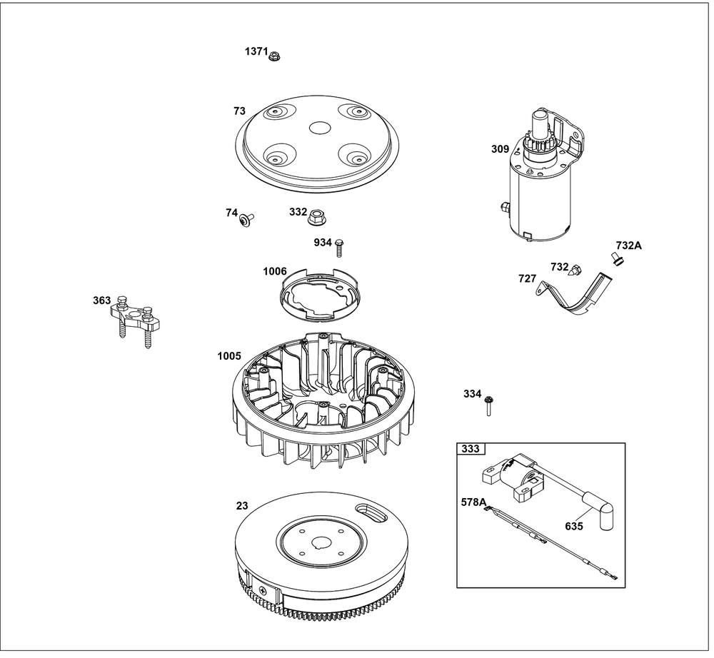 Flywheel, Ignition, And Starter Group Diagram and Parts List for 386777-0011-G1  Briggs and Stratton Engine